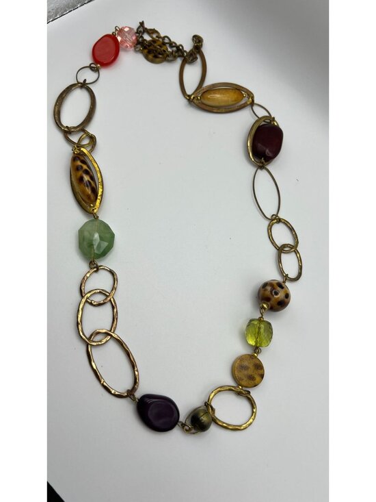 Unknown Jewelry - Multicolor Beaded Necklace With Gold-Tone Links Resin & Glass Beads 24" Adjustab